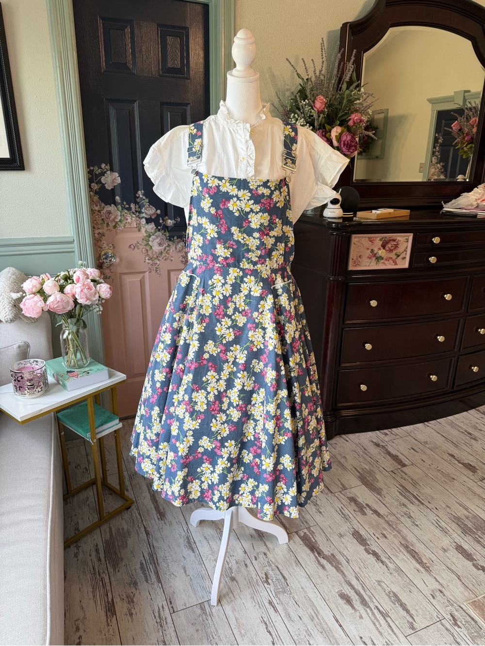 Floral Suspender Midi Dress in Navy with Yellow & Pink Blossoms